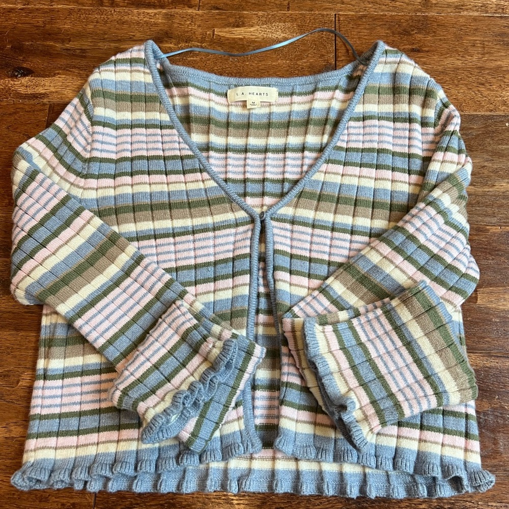 LA Hearts Blue and Green Cardigan Sweater V-Neck